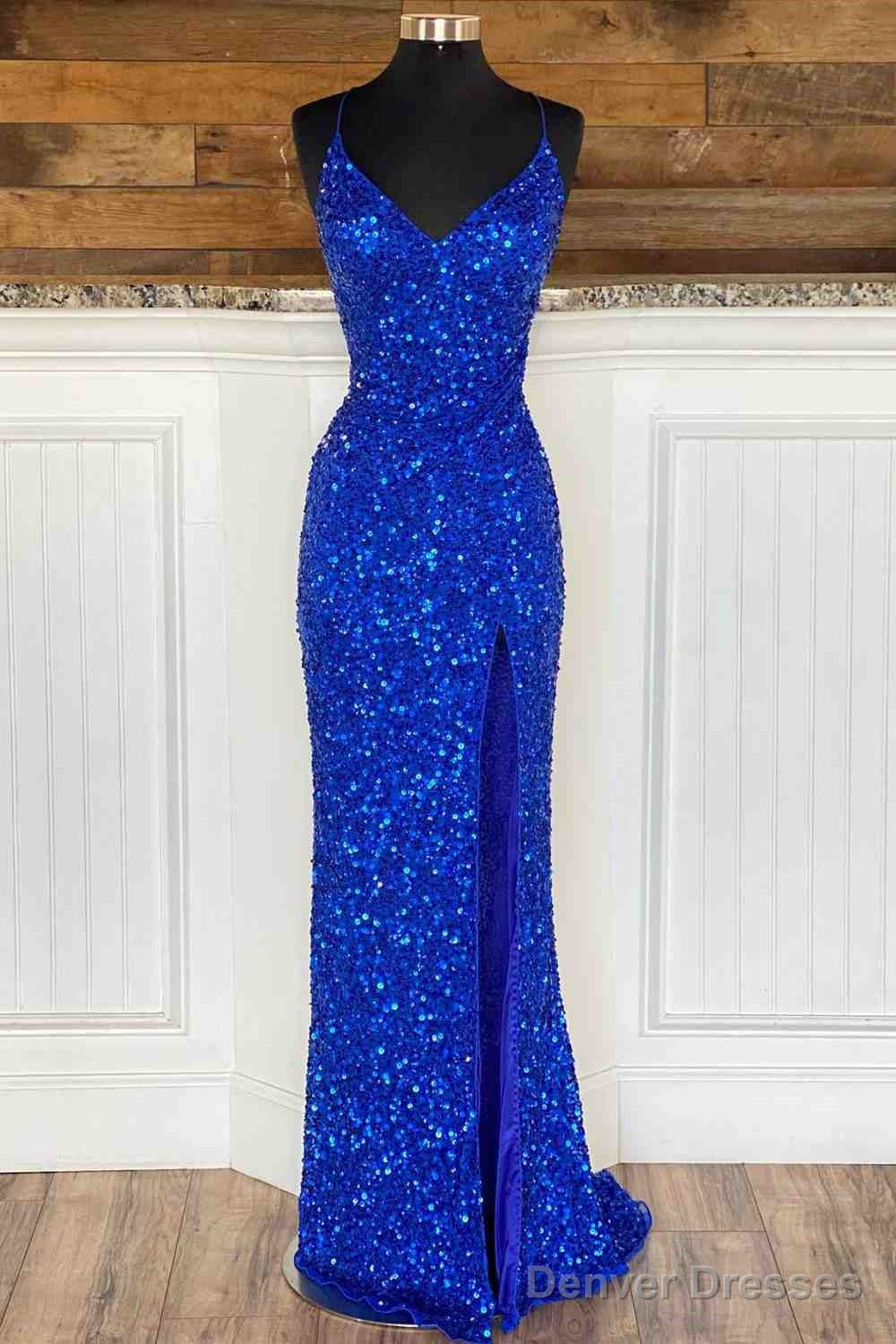 Simple Royal Blue Glitters Prom Dresses Long High Slit Party Formal Dress Lace-Up Main image