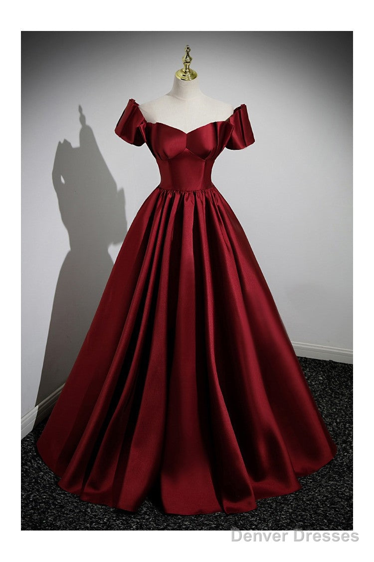 Simple Satin Burgundy Long Evening Gown with Short Sleeves Main image