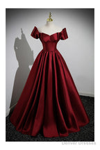 Simple Satin Burgundy Long Evening Gown with Short Sleeves