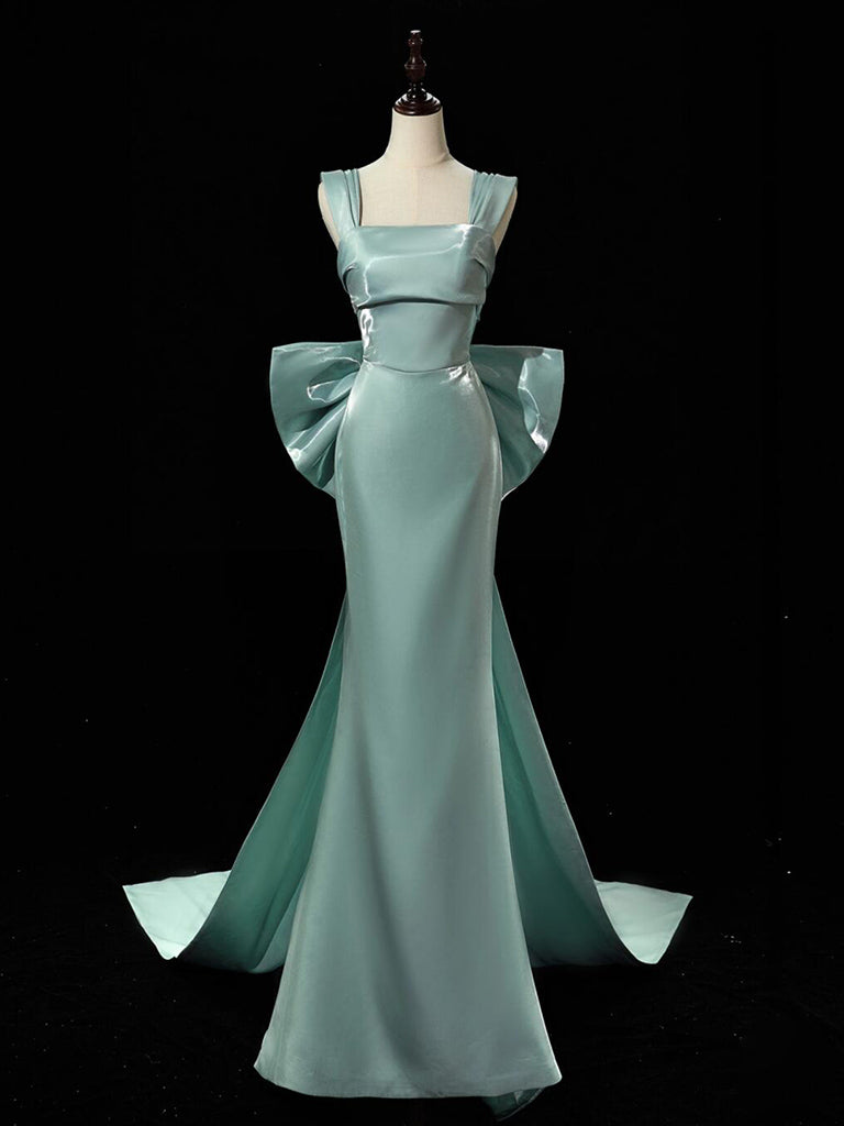 Simple Satin Green Long Prom Dress, Green Long Formal Dress With Bow Tie