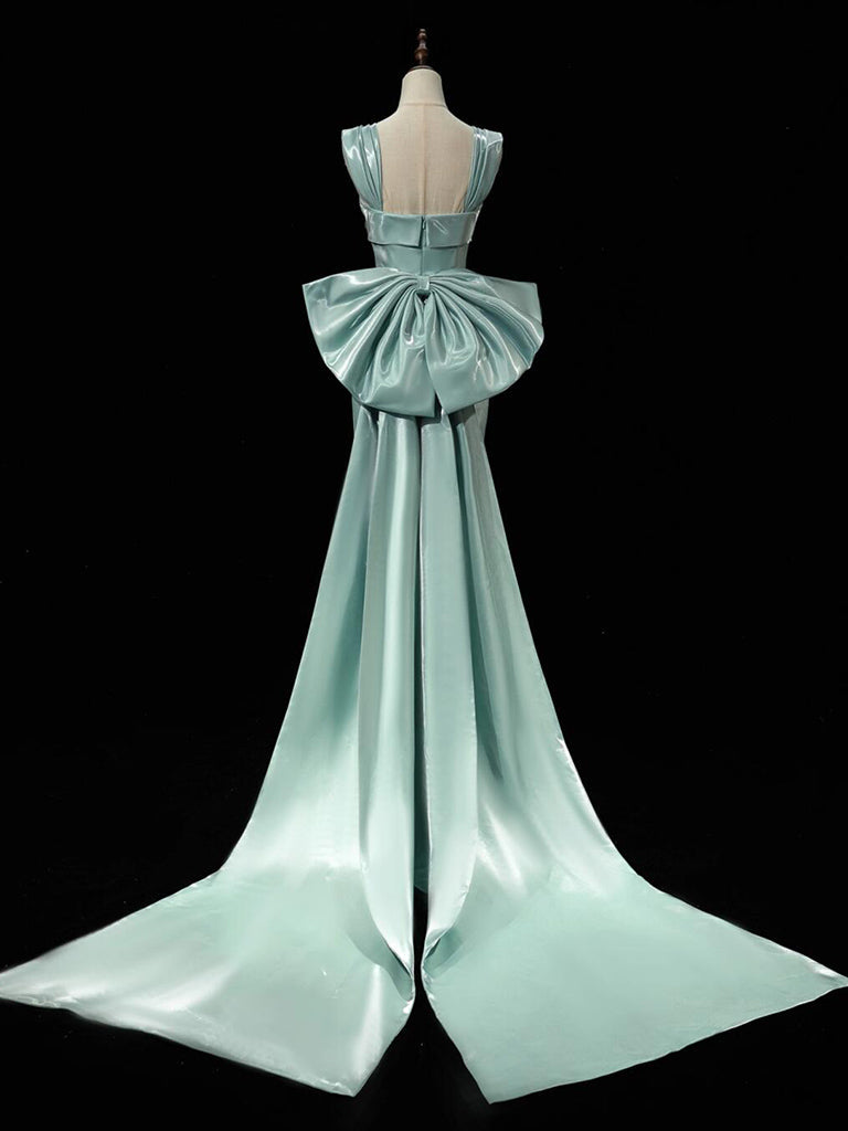 Simple Satin Green Long Prom Dress, Green Long Formal Dress With Bow Tie Secondary image