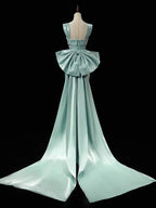 Simple Satin Green Long Prom Dress, Green Long Formal Dress With Bow Tie