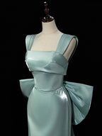 Simple Satin Green Long Prom Dress, Green Long Formal Dress With Bow Tie