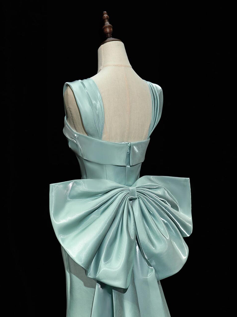 Simple Satin Green Long Prom Dress, Green Long Formal Dress With Bow Tie