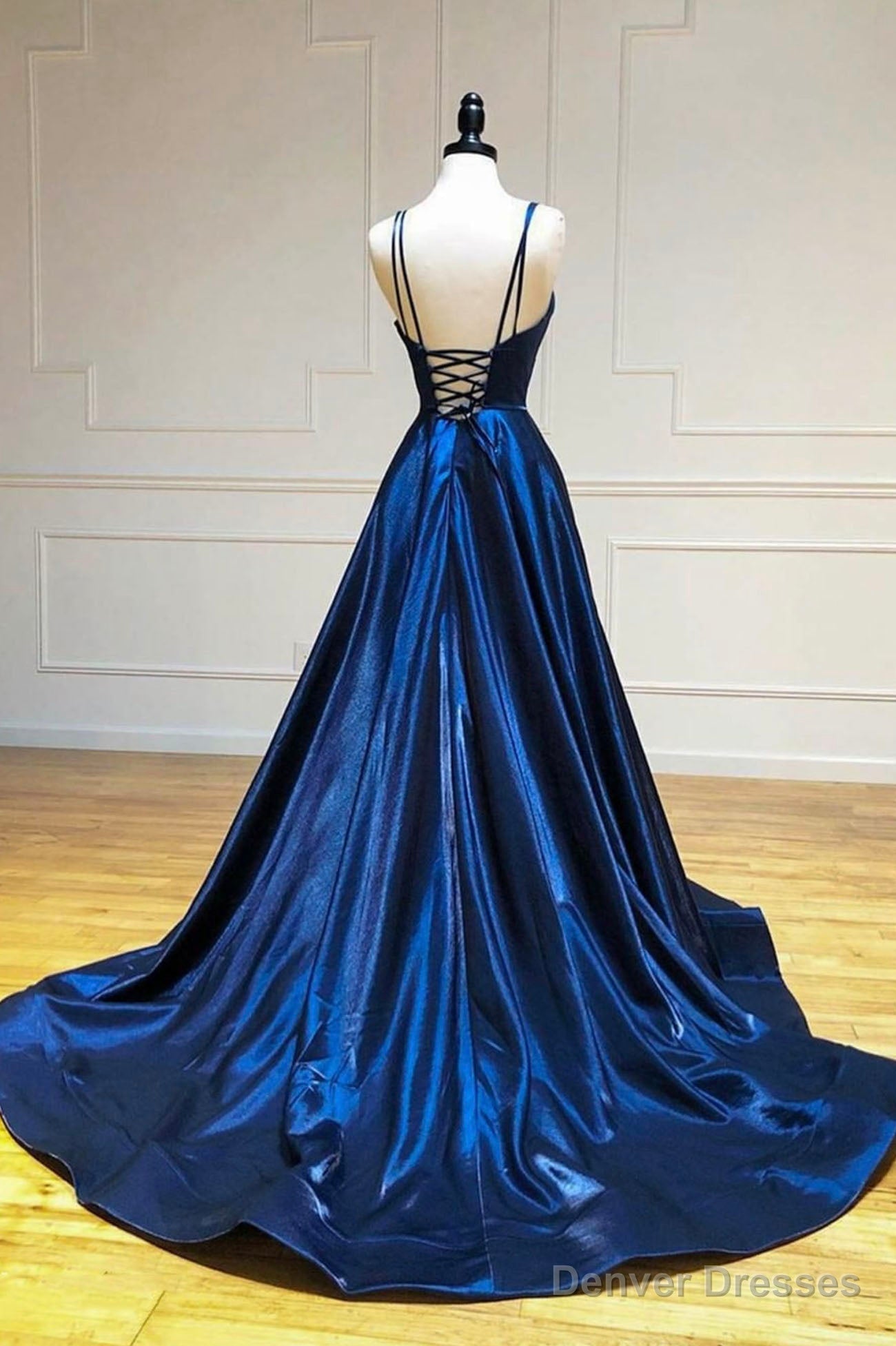 Simple Satin Long A-Line Prom Dress, Blue Spaghetti Strap Evening Party Dress Secondary image