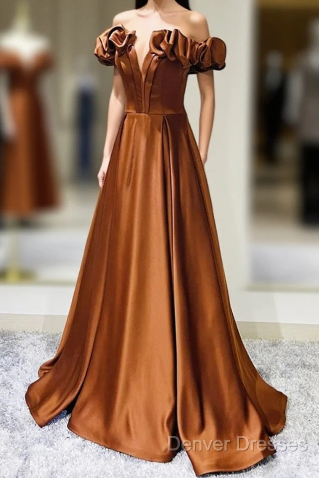 Simple Satin Long Prom Dress, Off The Shoulder V-Neck Evening Dress Main image