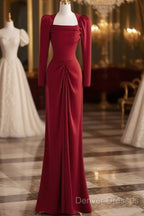 Simple Sheath Long Sleeves Red Prom Dress Evening Dress