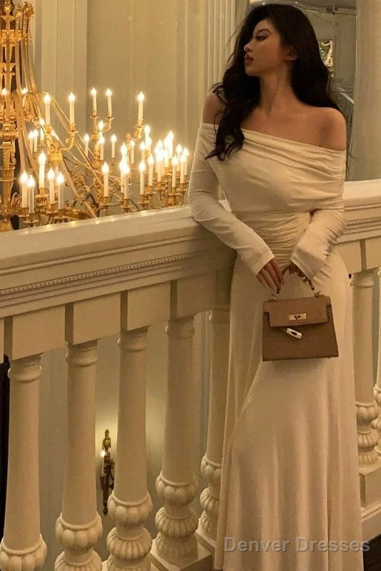 Simple Sheath Off The Shoulder Long Sleeves Ivory Prom Dresses Birthday Outfits Evening Gown Secondary image