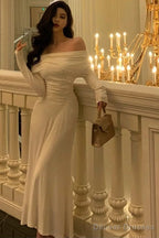 Simple Sheath Off The Shoulder Long Sleeves Ivory Prom Dresses Birthday Outfits Evening Gown