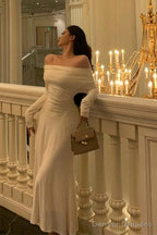 Simple Sheath Off The Shoulder Long Sleeves Ivory Prom Dresses Birthday Outfits Evening Gown