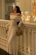 Simple Sheath Off The Shoulder Long Sleeves Ivory Prom Dresses Birthday Outfits Evening Gown