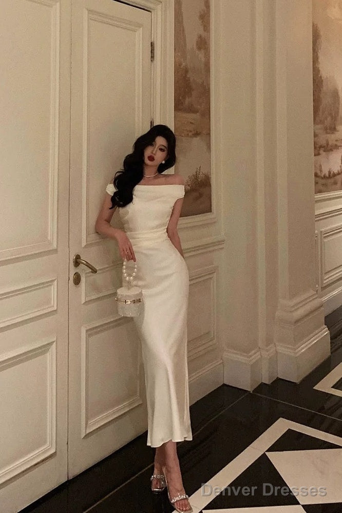 Simple Sheath Off The Shoulder White Satin Date Night Dress Prom Dresses Birthday Outfit Secondary image