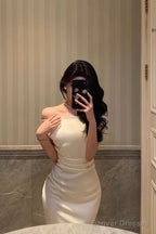 Simple Sheath Off The Shoulder White Satin Date Night Dress Prom Dresses Birthday Outfit