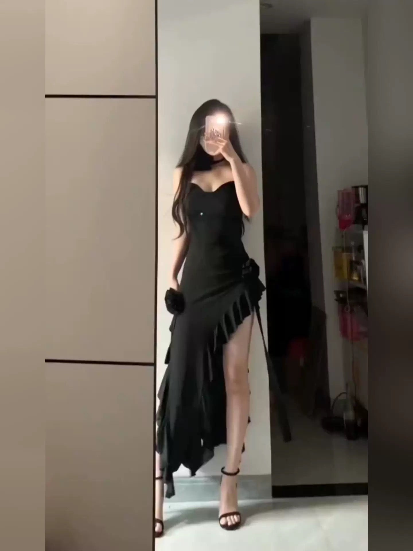 Simple Sheath Spaghetti Straps Black Satin Vacation Beach Dress Long Birthday Dress