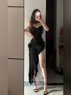 Simple Sheath Spaghetti Straps Black Satin Vacation Beach Dress Long Birthday Dress
