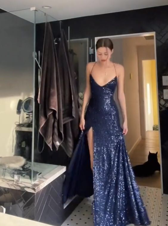 Simple Sheath Straps Long Navy Blue Slit Sequin Prom Dress Main image