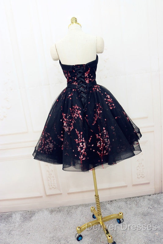 Simple Short Black Tulle Party Dress With Floral, Lovely Short Prom Dress Secondary image