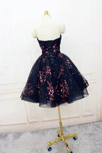 Simple Short Black Tulle Party Dress With Floral, Lovely Short Prom Dress