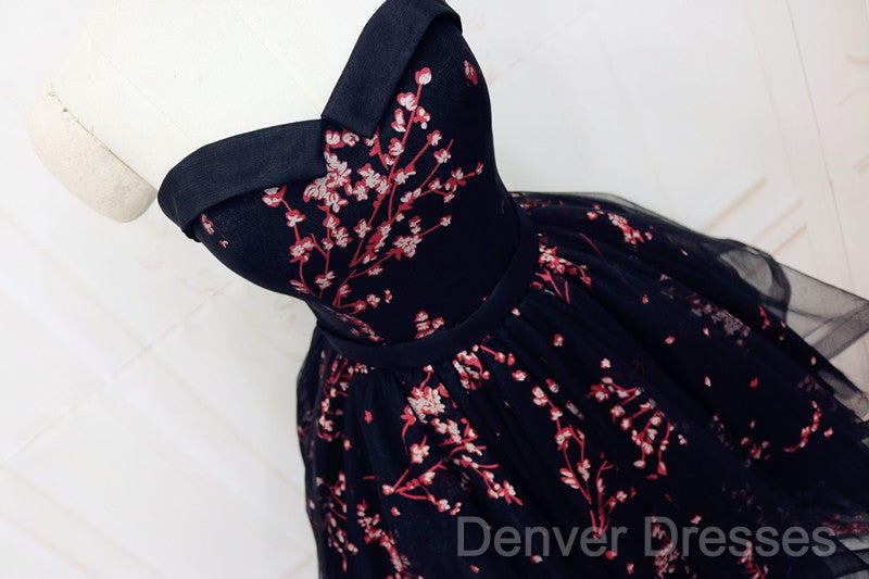 Simple Short Black Tulle Party Dress With Floral, Lovely Short Prom Dress