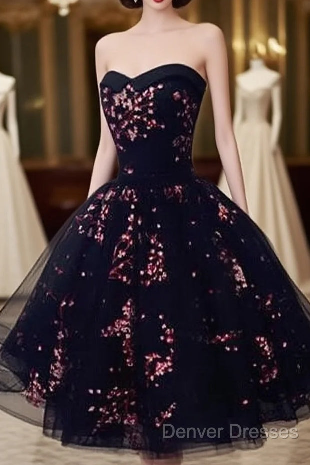 Simple Short Black Tulle Party Dress With Floral, Lovely Short Prom Dress