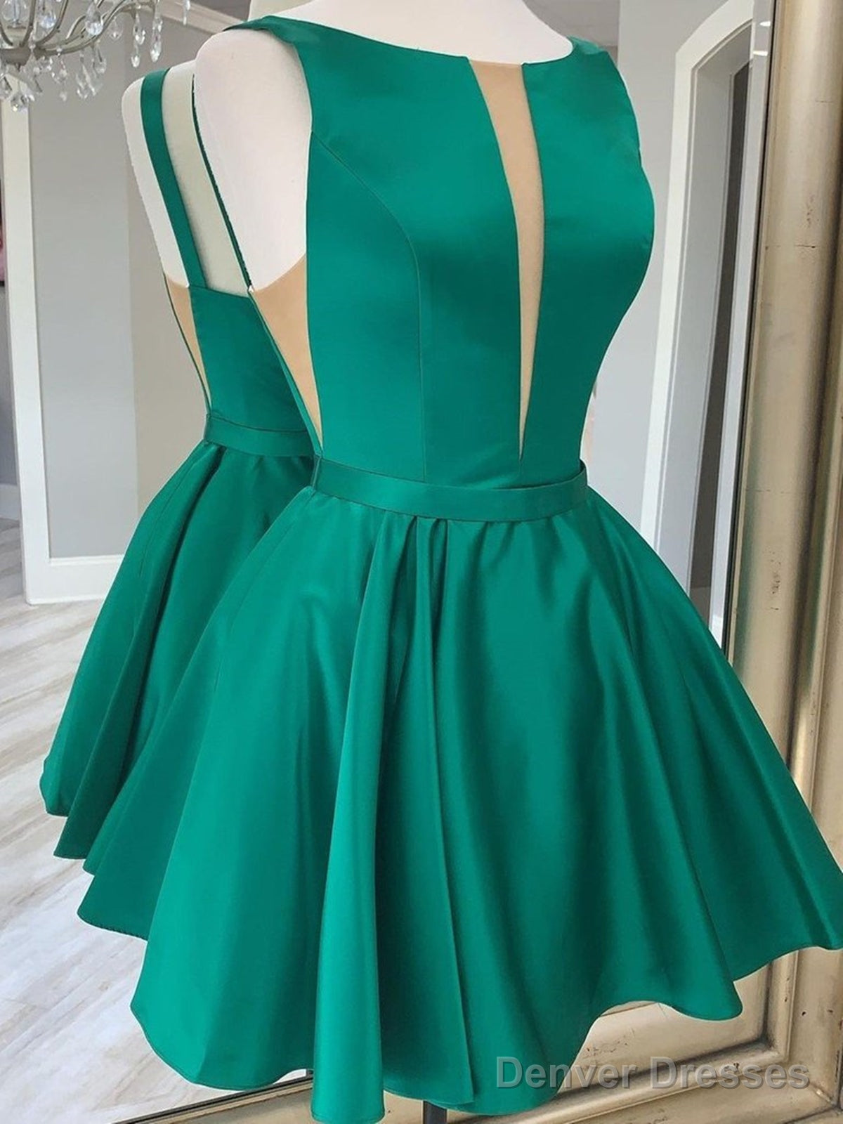 Simple Short Blue Green Mini Satin Prom Dresses, Short Blue Green Formal Homecoming Dresses Secondary image