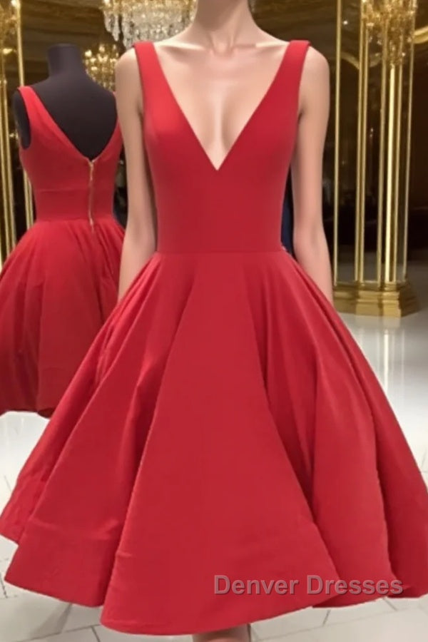Simple Short V Neck Red Satin Prom Dress, Short Red Formal Homecoming Dress Main image