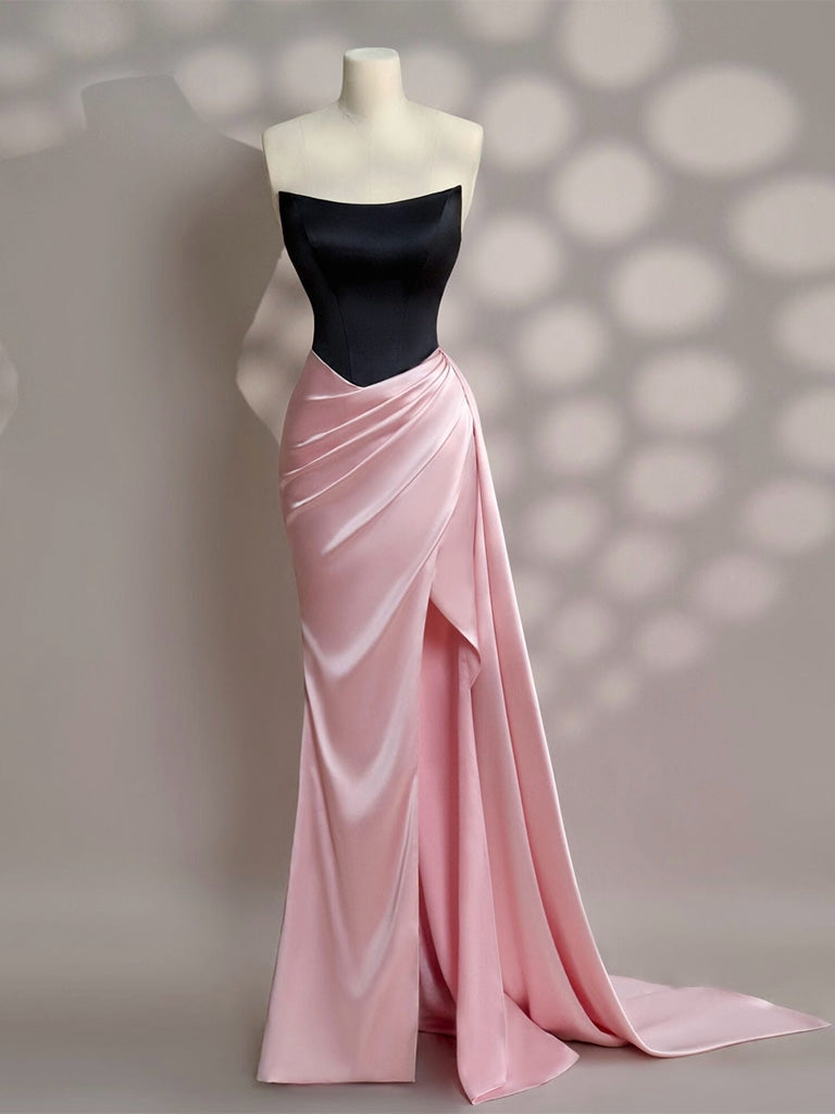 Simple Slit Pleated Mermaid Satin Sweep Train Pink Long Prom Dress Main image