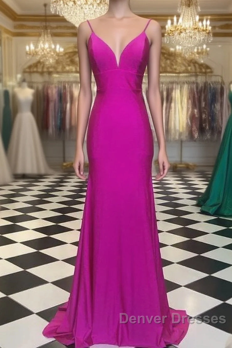 Simple Spagehtti Straps Fuchsia Satin Mermaid Prom Dress Main image