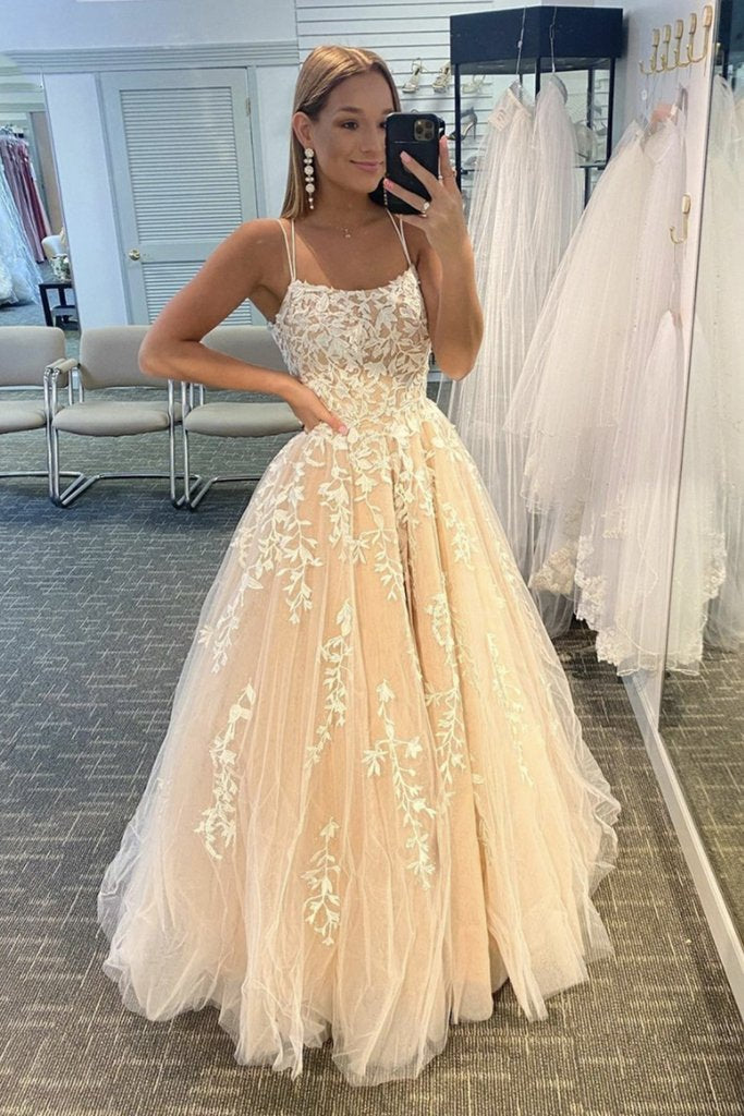 Simple Spaghetti Straps A-Line Lace Appliques Tulle Long Prom Dress Main image
