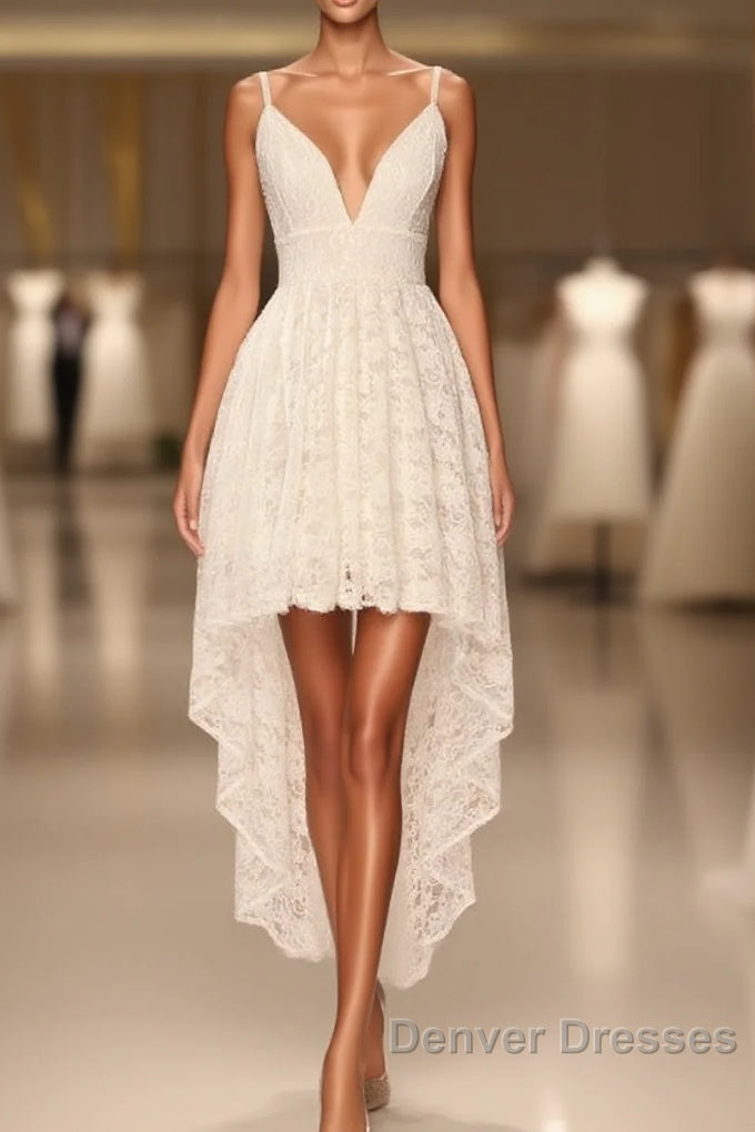 Simple Spaghetti Straps Hi-Lo Prom Dress,White Lace Prom Dress