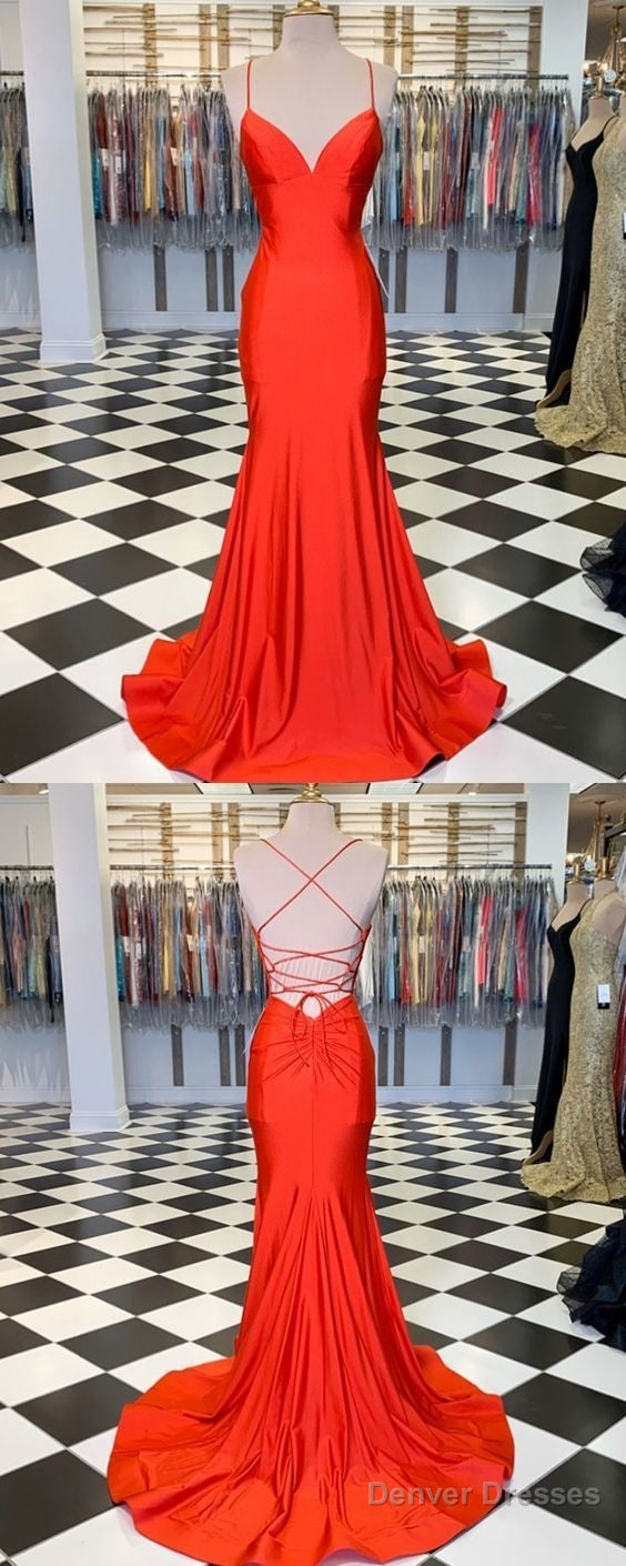 Simple Spaghetti Straps Orange Satin Mermaid Prom Dress