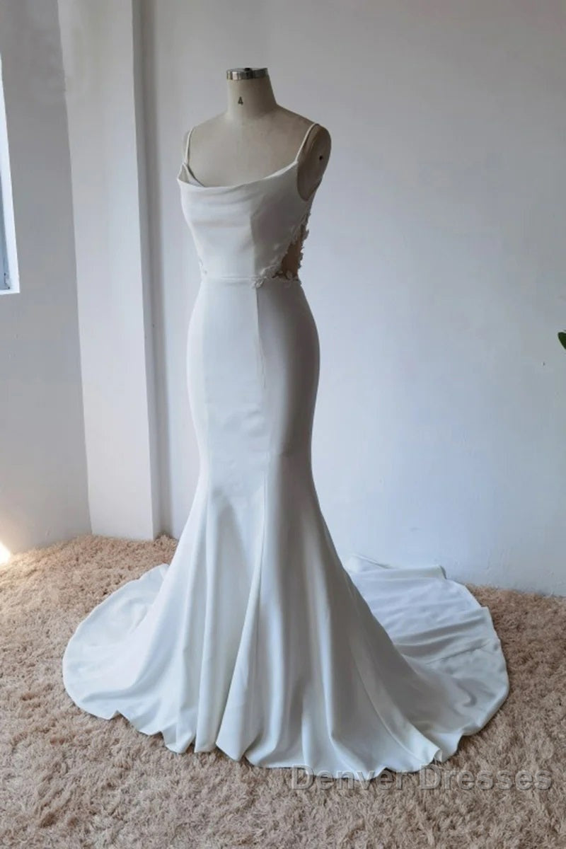 Simple Spaghetti Straps Satin Mermaid Ivory Wedding Dress Bridal Gown Secondary image