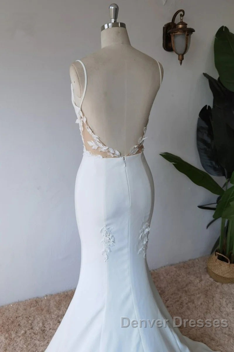 Simple Spaghetti Straps Satin Mermaid Ivory Wedding Dress Bridal Gown