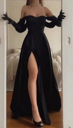 Simple Strapless Wedding Guest Dress Black Slit Prom Dress Birthday Outfits