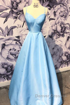 Simple sweetheart blue satin long prom Dress, blue evening Dress
