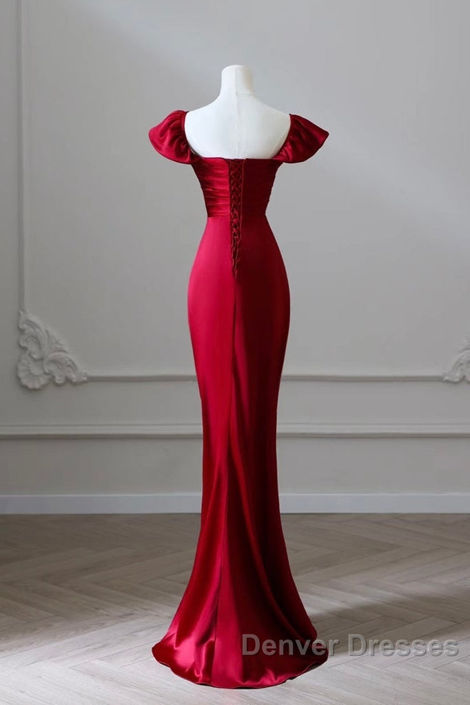 Simple Sweetheart Neck Satin Burgundy Long Prom Dress, Burgundy Long Formal Dress