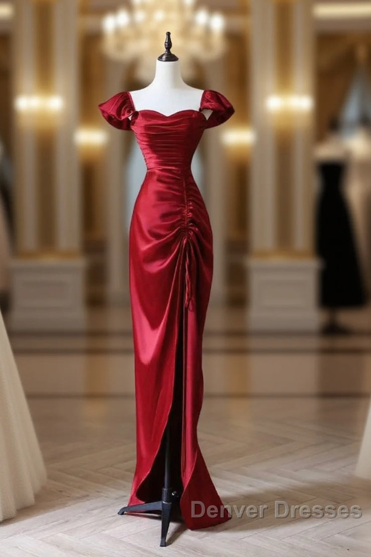 Simple Sweetheart Neck Satin Burgundy Long Prom Dress, Burgundy Long Formal Dress