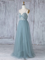 Simple Sweetheart Neck Tulle Lace Long Prom Dresses, Gray Blue Bridesmaid Dresses