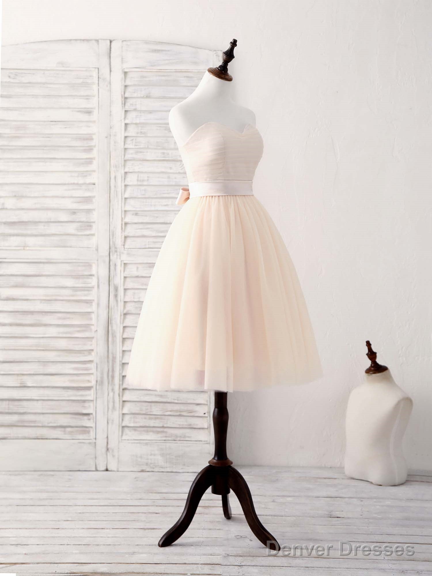 Simple Sweetheart Tulle Short Prom Dress Champagne Bridesmaid Dress