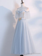 Simple Tulle Lace Gray Blue Prom Dresses, Tea Length Lace Bridesmaid Dresses