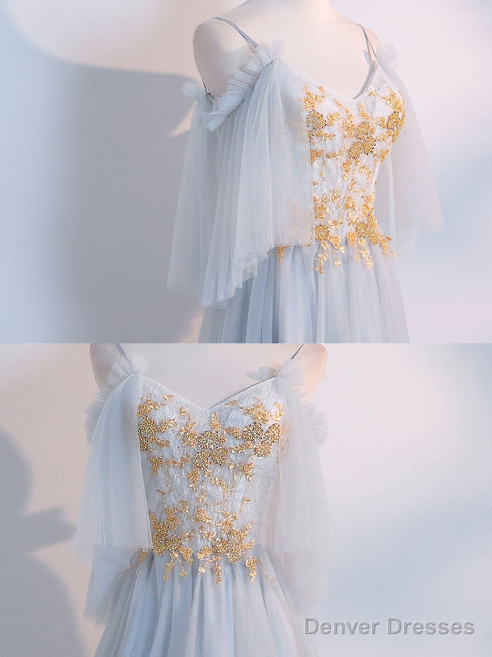 Simple Tulle Lace Gray Blue Prom Dresses, Tea Length Lace Bridesmaid Dresses