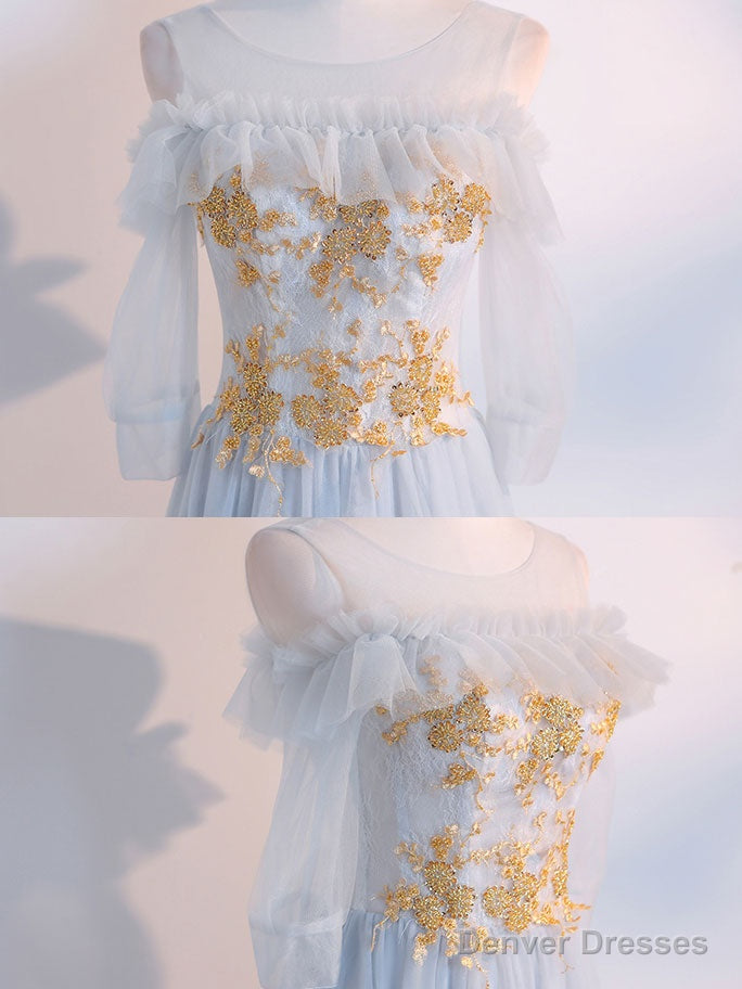 Simple Tulle Lace Gray Blue Prom Dresses, Tea Length Lace Bridesmaid Dresses