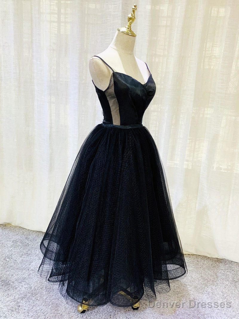 Simple Tulle Tea Length Black Prom Dress, Black Homecoming Dress Main image