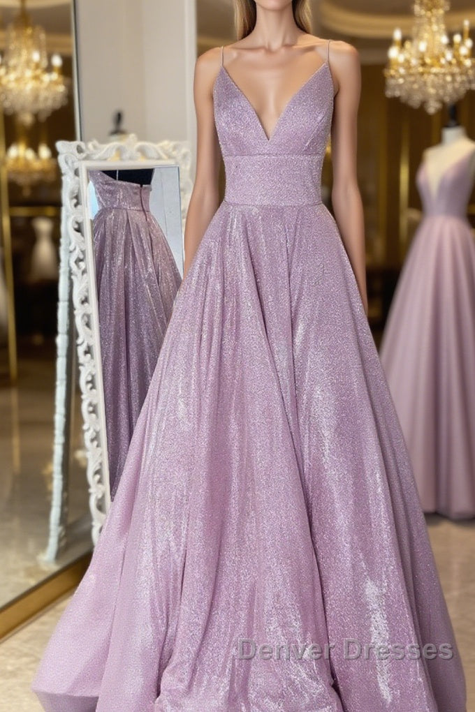Simple v neck A-line long prom Dress sequin evening Dress