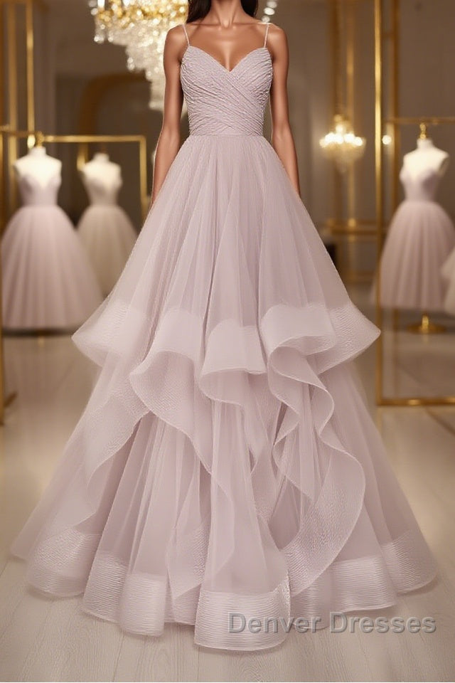 Simple v neck A-line tulle long prom Dress sweet 16 Dress