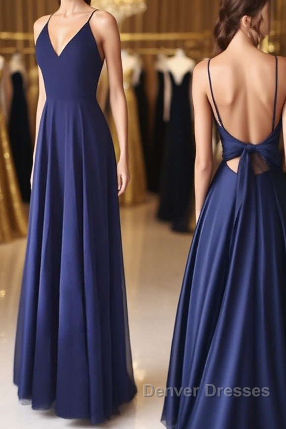 Simple V Neck Backless Blue Long Prom Dress, V Neck Blue Formal Evening Dress, Blue Graduation Dress