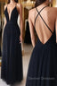 Simple v neck black tulle long prom Dress, black evening Dress