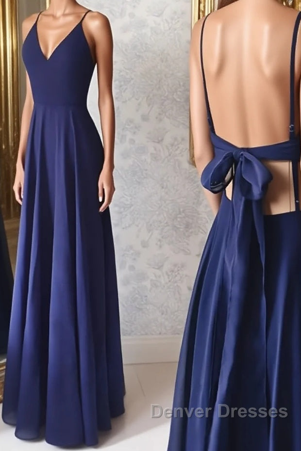 Simple v neck blue long prom Dress, blue evening Dress Main image