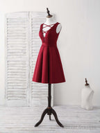 Simple V Neck Burgundy Short Prom Dress Satin Homecoming Dress