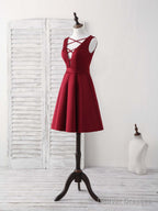 Simple V Neck Burgundy Short Prom Dress Satin Homecoming Dress